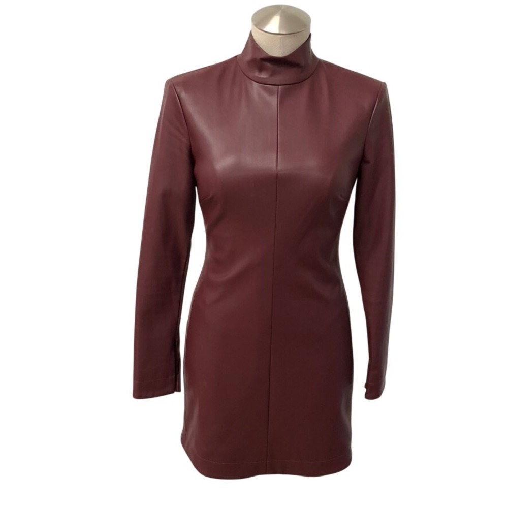 Staud Faux Leather Mini Dress Womens 2 Burgundy Mock Neck Long‎ Sleeve Going Out